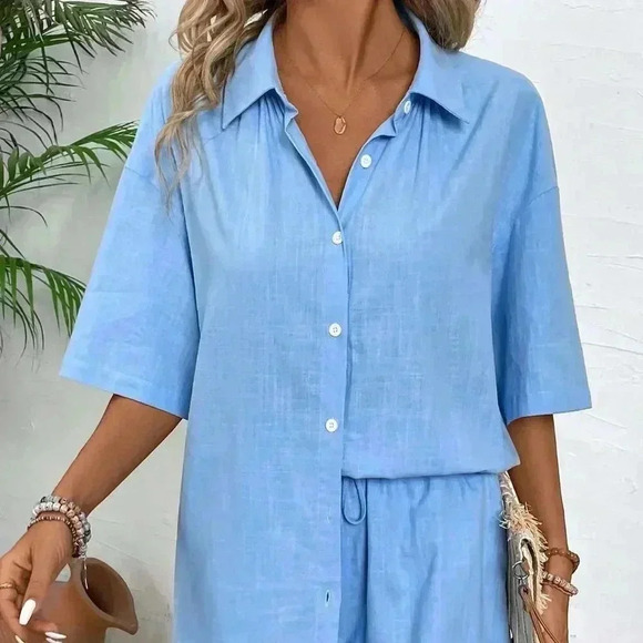 Blue Casual Women's Leisure Solid Color Drop-Shoulder Shirt And And Shorts Set - Picture 6 of 7